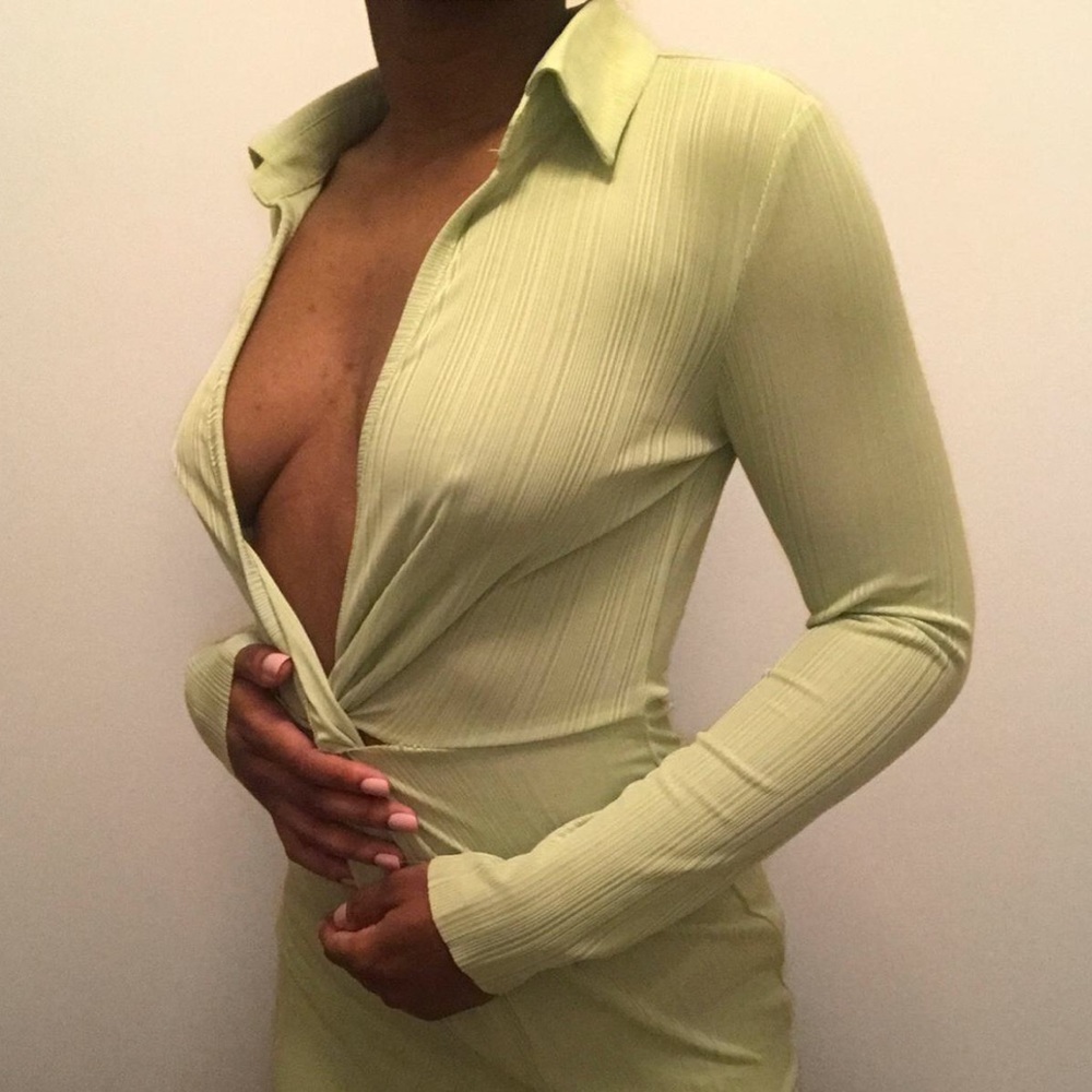 Green Collared Deep V Neck Knot Side Mini Dress